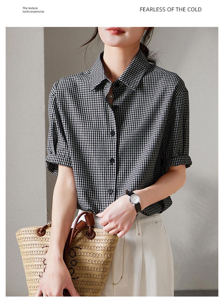 Plaid short sleeved shirt for women in 2026 summer, thin, loose, versatile and casual top