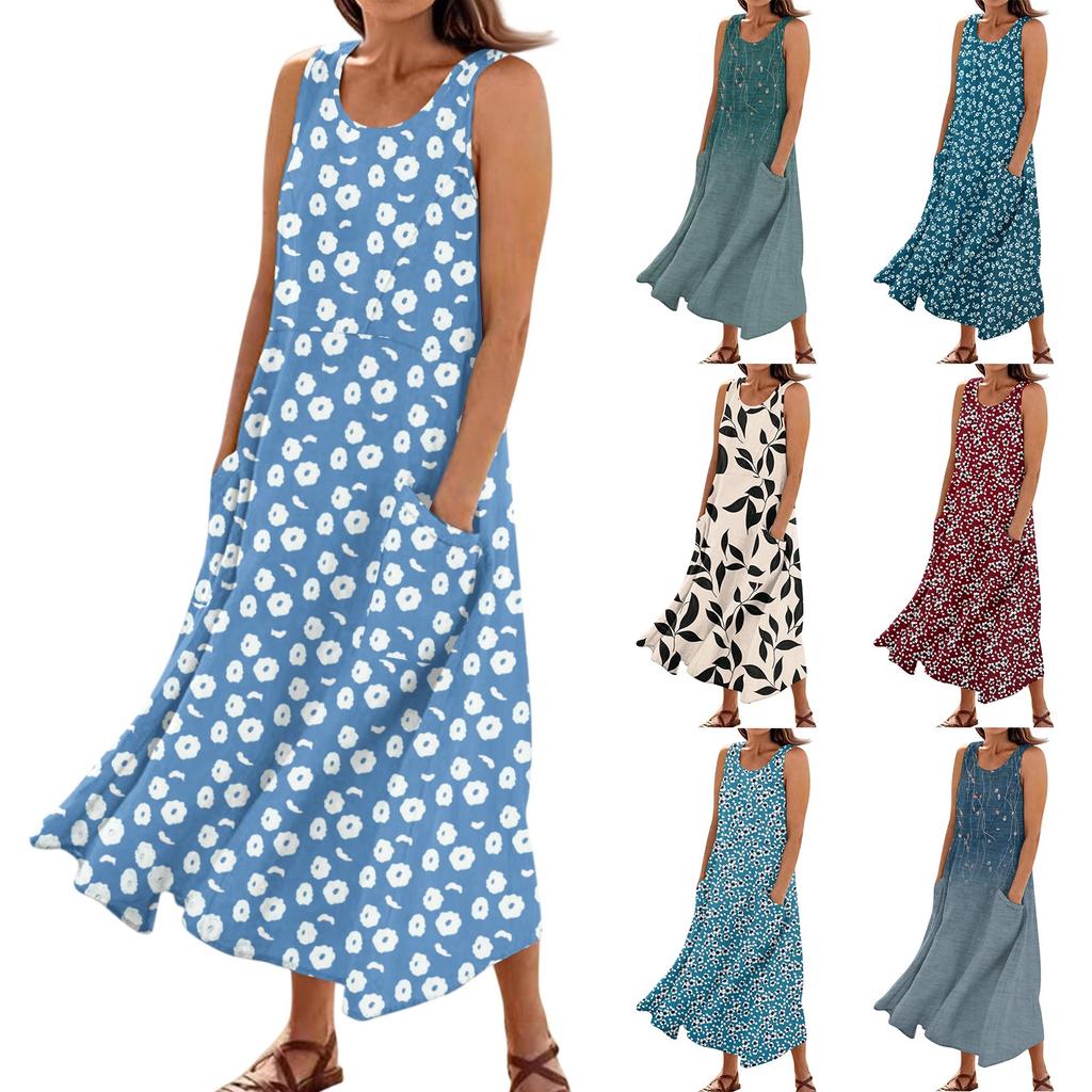 Women's Summer Casual Fashion Flower Printed Sleeveless Pocket Dress