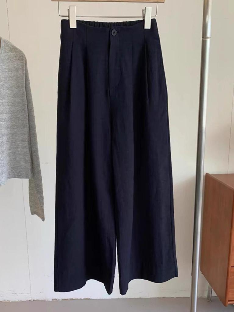 Ultra-Comfortable Dark Blue Cotton & Linen Elastic Waist Summer Pants for Women