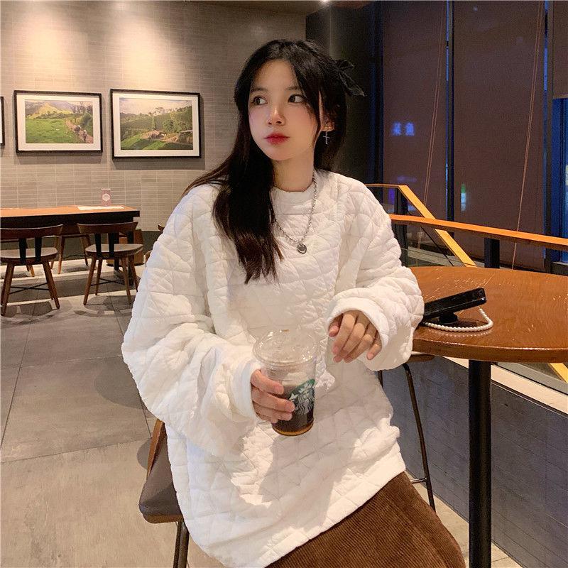 Women's Korean Style Quilted Cotton Sweatshirt - Thickened, Loose Fit, Autumn/Winter Solid Color Bubble Air Top Jacket