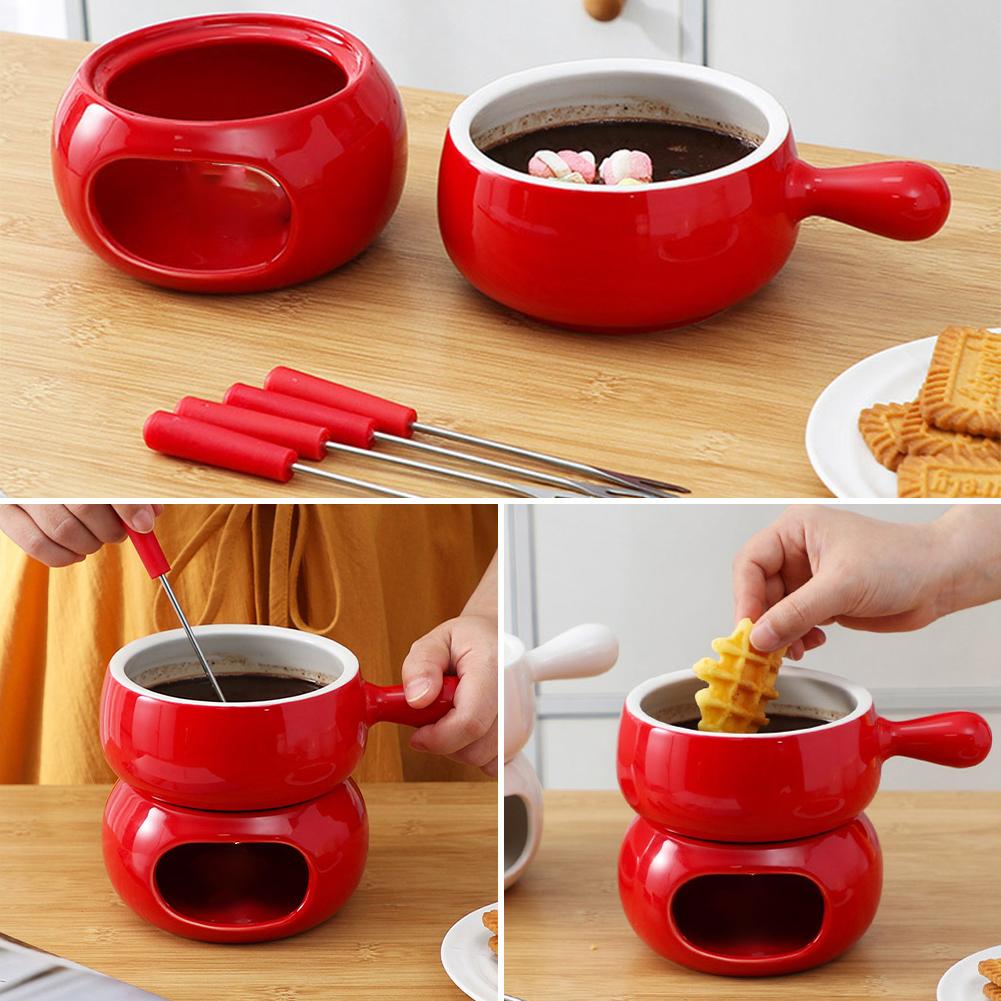 Chocolate Fondue Cup Ceramic With Forks Tealight Chocolate Melting Cup Mini Fondue Pot For Cheese Butter Heating Stove P1G1