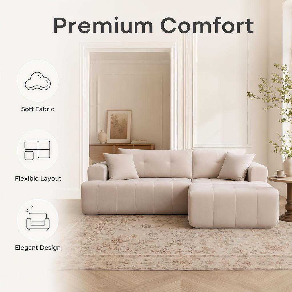Modular Corner Sofa, Stool Positionable Left or Right, Square Armrests, Includes 2 Cushions, No Assembly, Living Room, Bedroom & Apartment, Beige