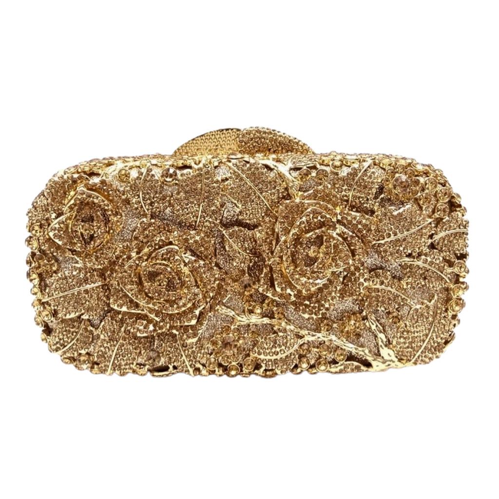 Rose flower diamond dinner bag metal full diamond dress bag banquet handbag purse clutch