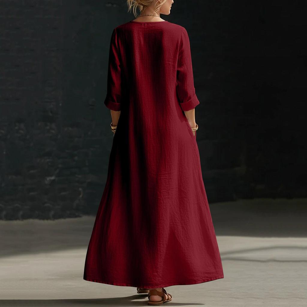 Women’s Elegant Long Sleeve V Neck Maxi Dress Bohemian Style Vacation Wear with Button Loose Fit