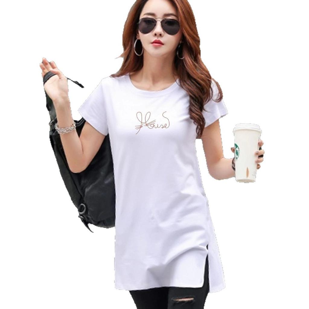 Neues T-Shirt aus reiner Baumwolle, kurzärmelig, mittellanges bedrucktes weißes Sommer-T-Shirt, körpernaher T-Shirt-Rock