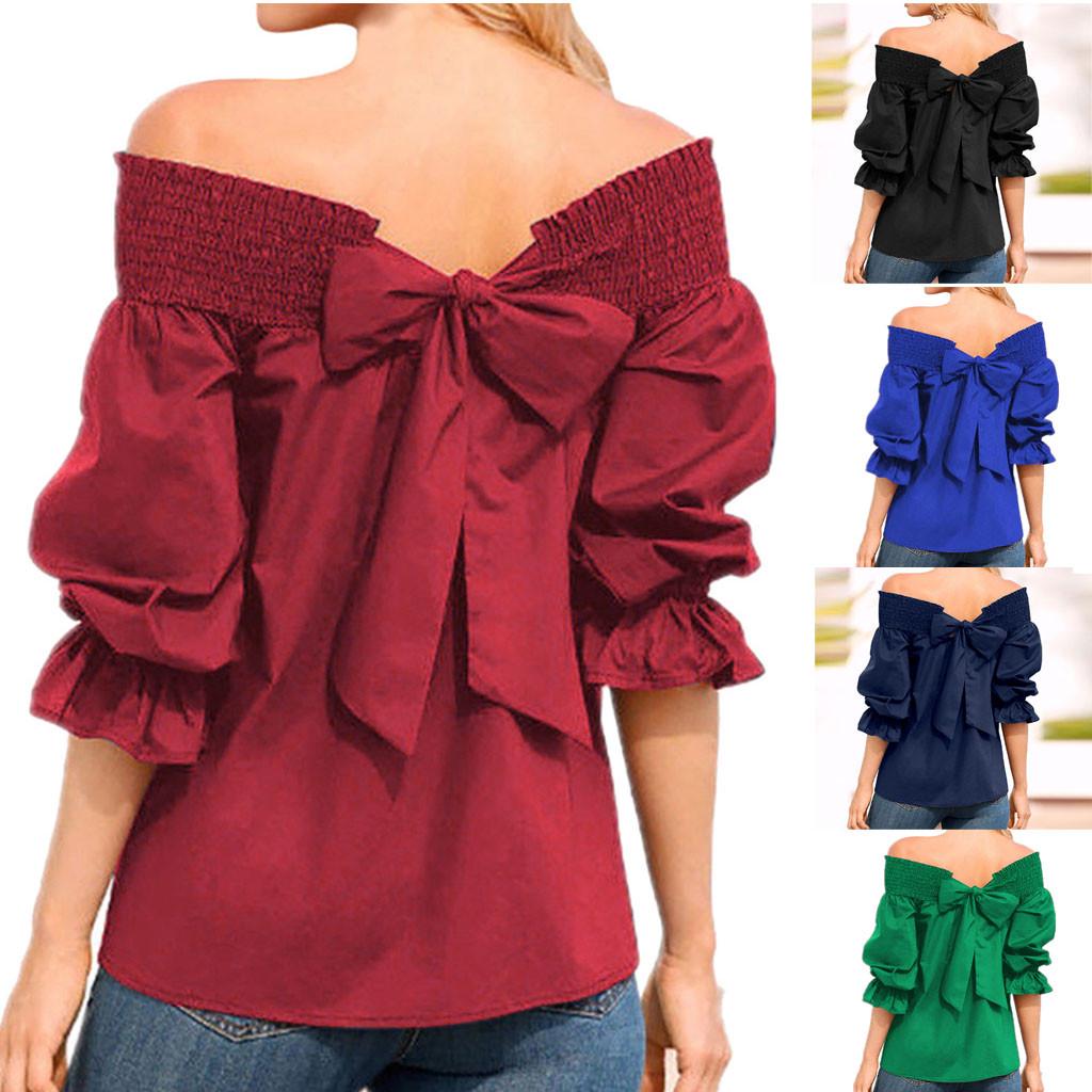 

Женские футболки большого размера с открытыми плечами, верхняя женская блузка с пышными рукавами и бантом