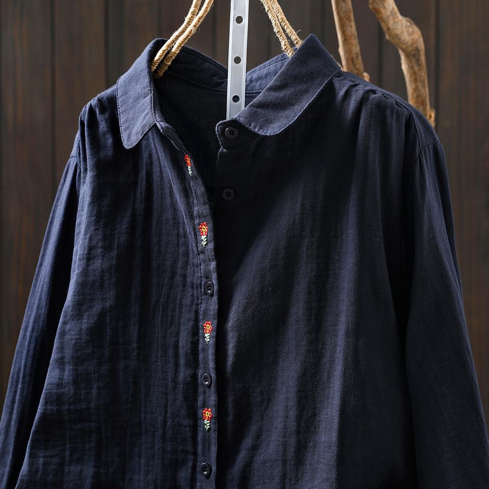 Women's Autumn Double Layer Cotton Long Sleeve Shirt - Solid Color, Casual, Slimming Design