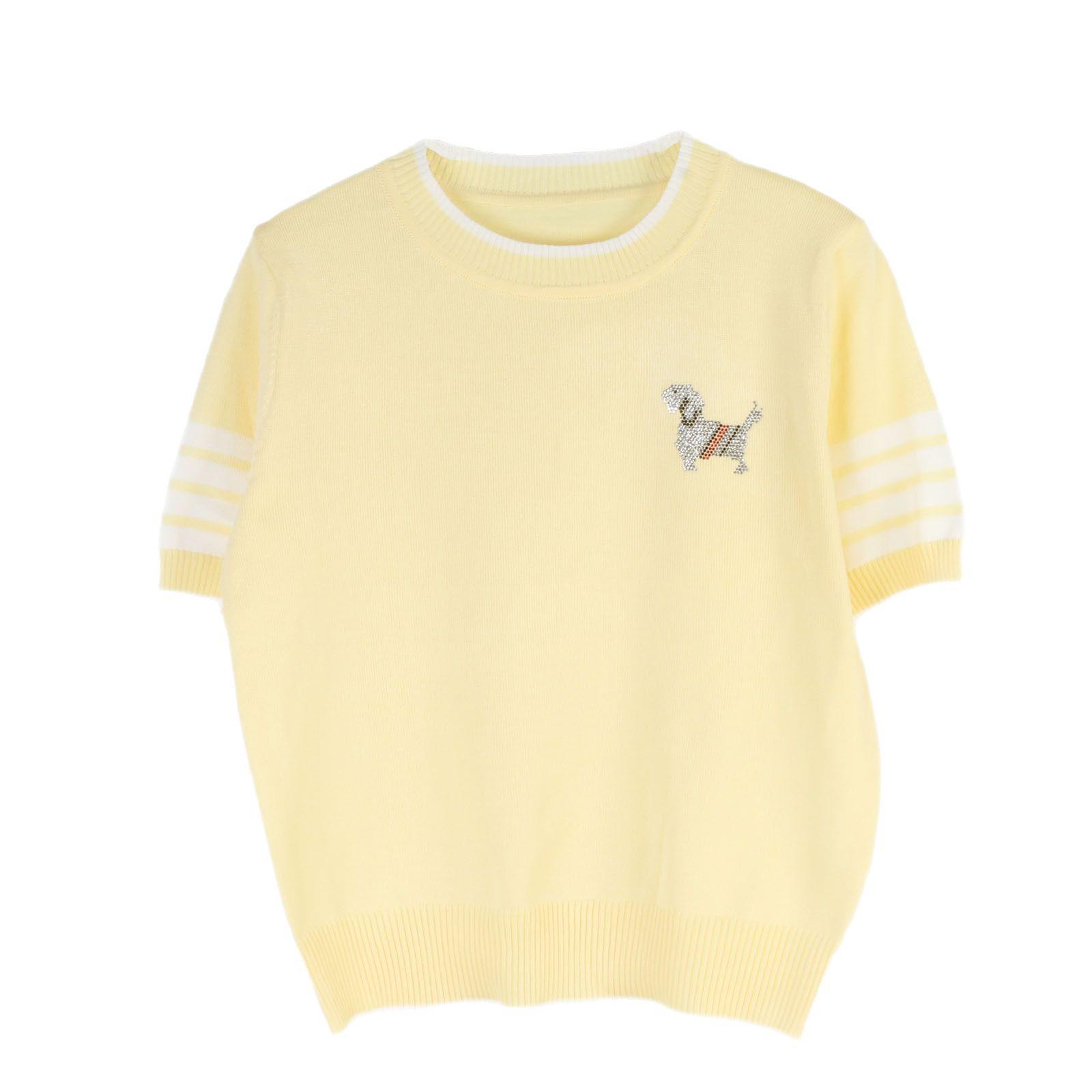 

Женский трикотажный топ с коротким рукавом, со стразами в виде щенка, круглым вырезом и четырьмя полосками Large