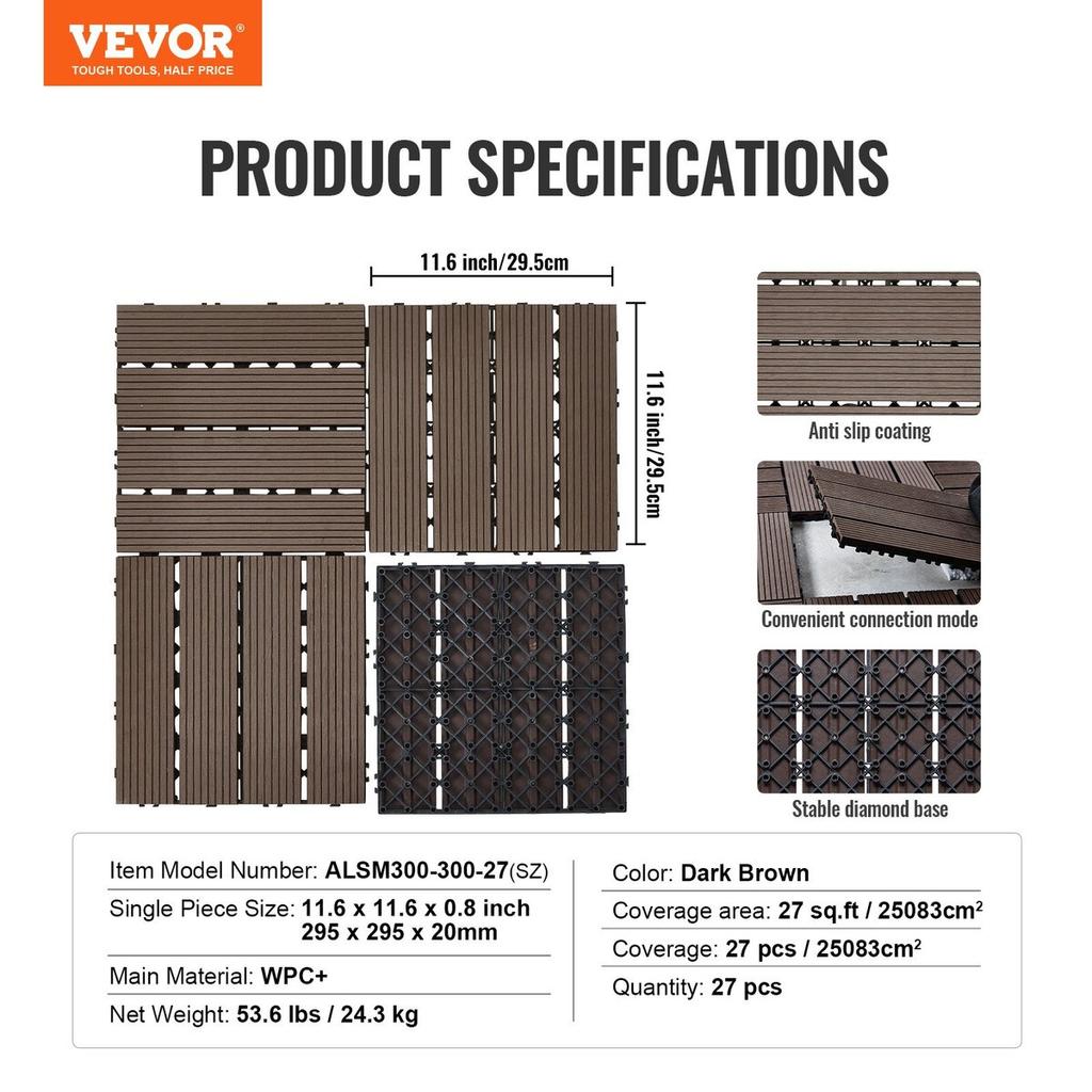 Interlocking Deck Tiles Plastic Wood 27 Pack 12"x12" Waterproof for Porch