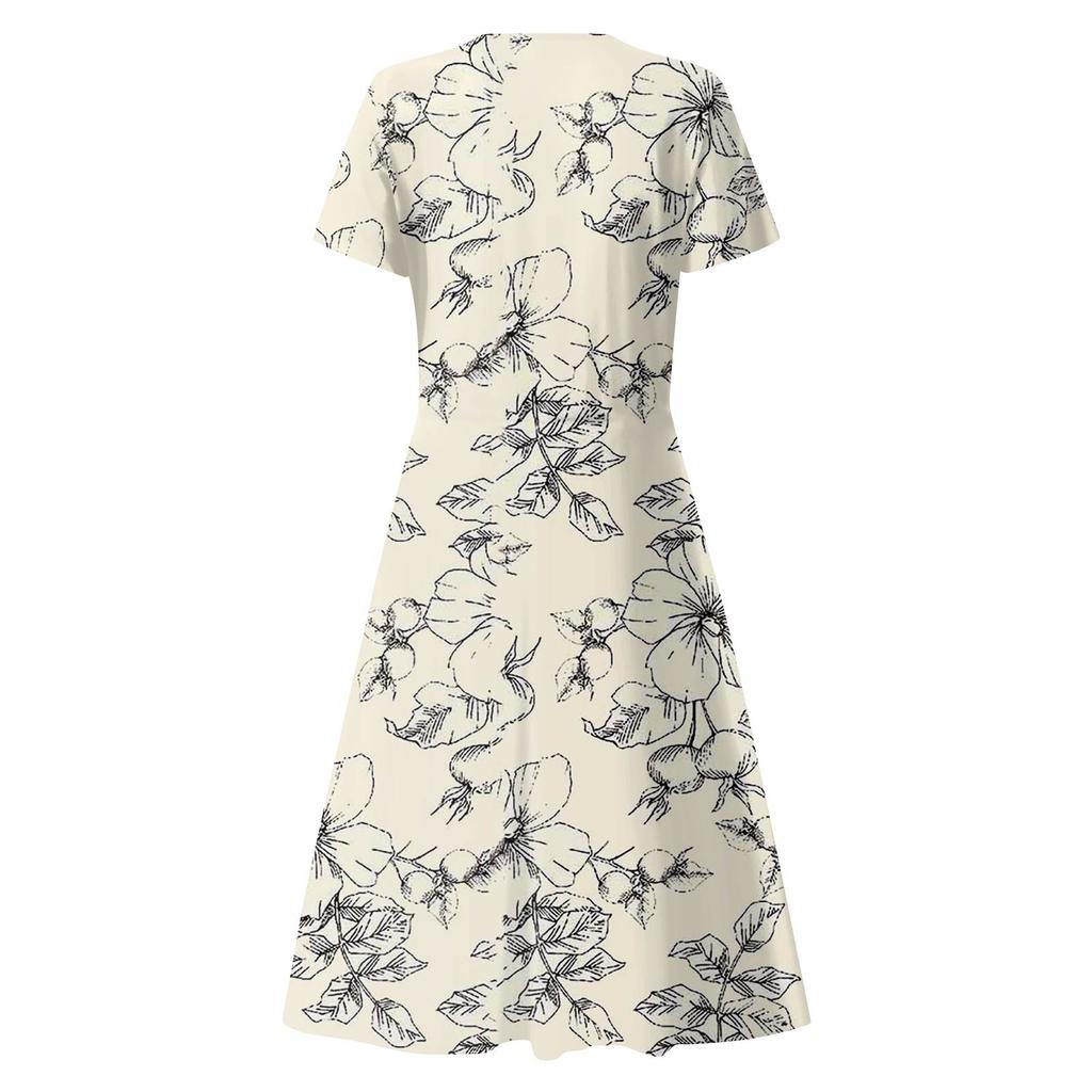 Women's Summer Casual Fashion Print Pocket Short Sleeve V-Neck Swing Dress