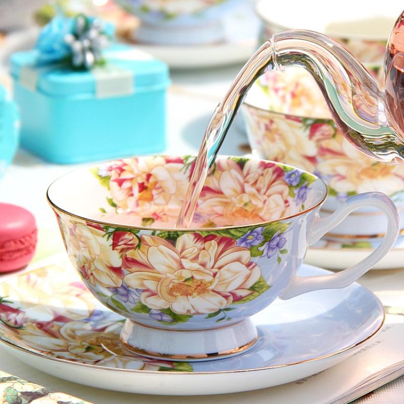 Floral Coffee Cups and Saucers with Spoon, 170ML Gold Trim Porcelain Cup for Cappuccino Latte,Bone China Tea Cups for Party High Tea