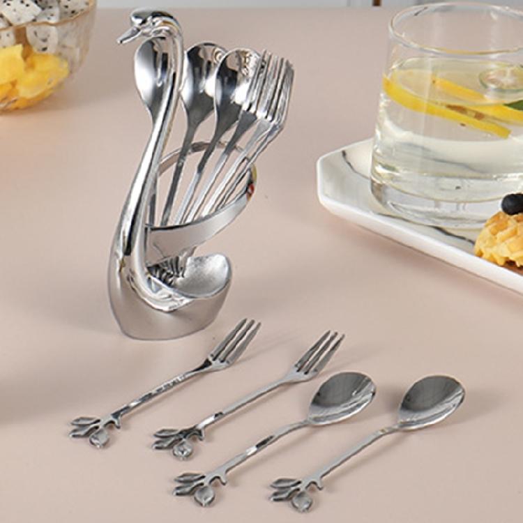 Rustproof Stainless Steel Ice Creams Spoon And Cocktails Fork Pack With Elegant Cygnet Stand Base For Gift