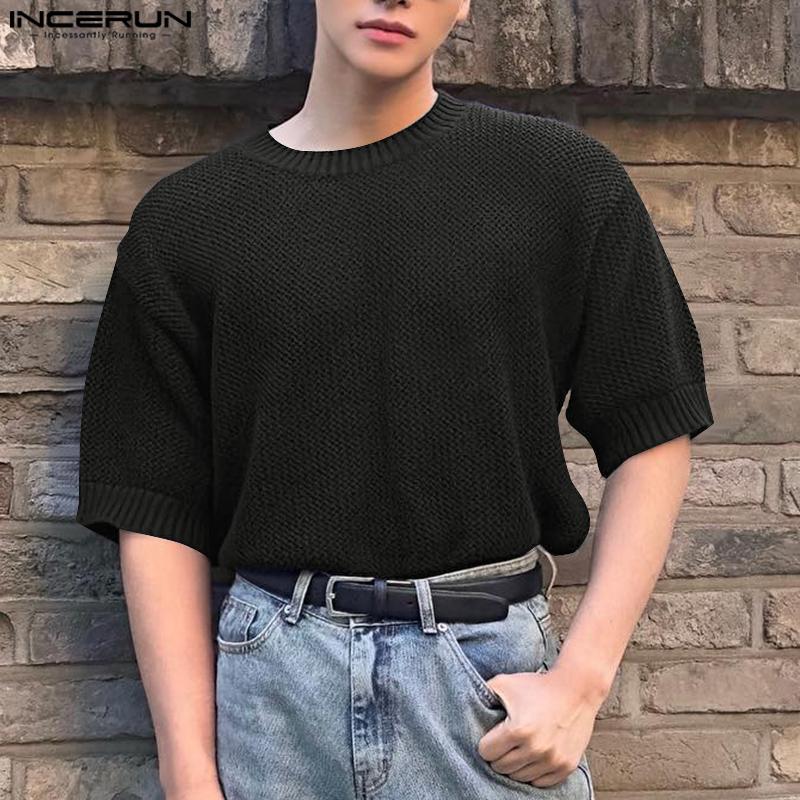 INCERUN Summer Men O-Neck Short Sleeve Stitching Texture Hollow Casual Loose Tops T-shirts