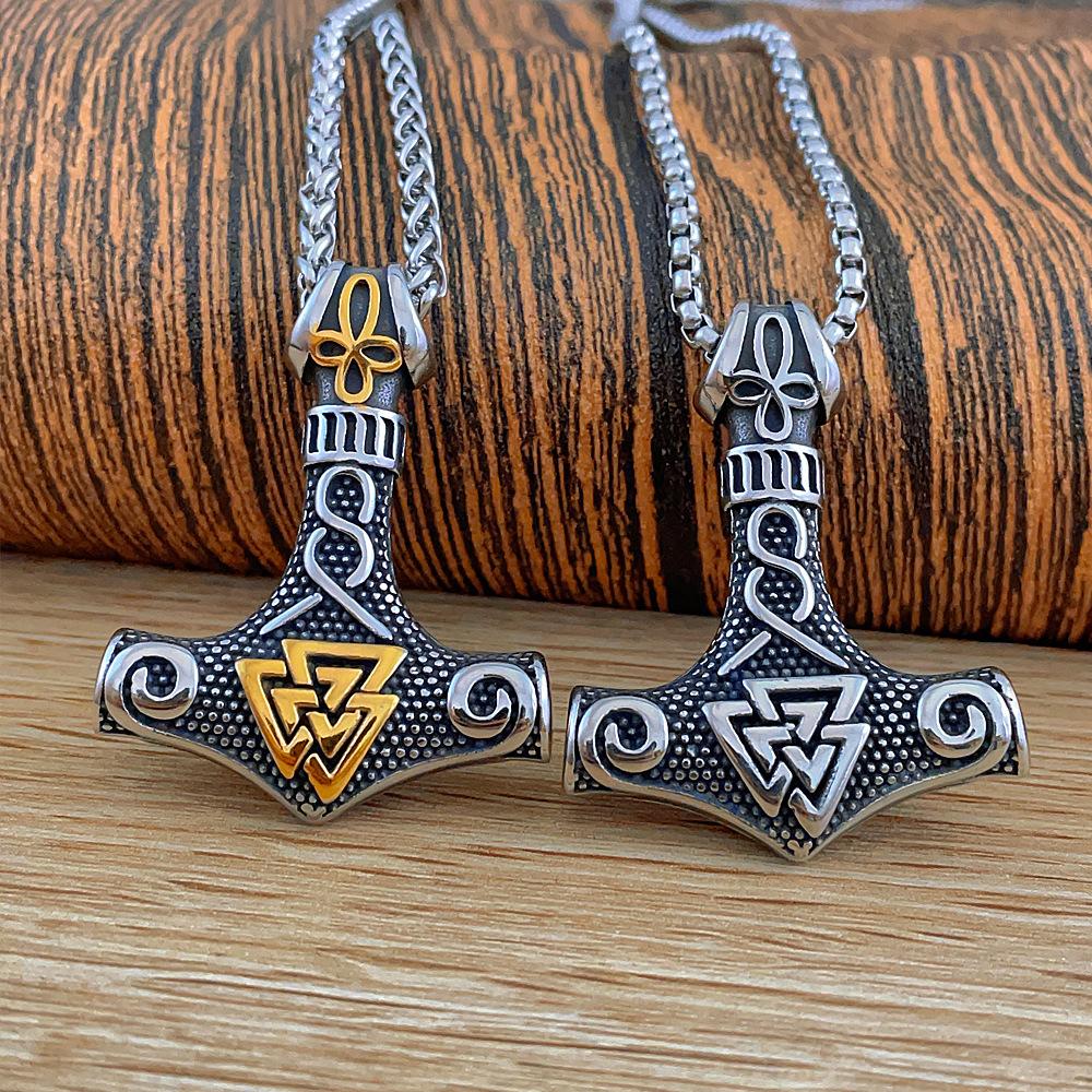 Stainless Steel Men's Pendant Necklace Viking Odin Celtic Triangle Knot Thor's Hammer