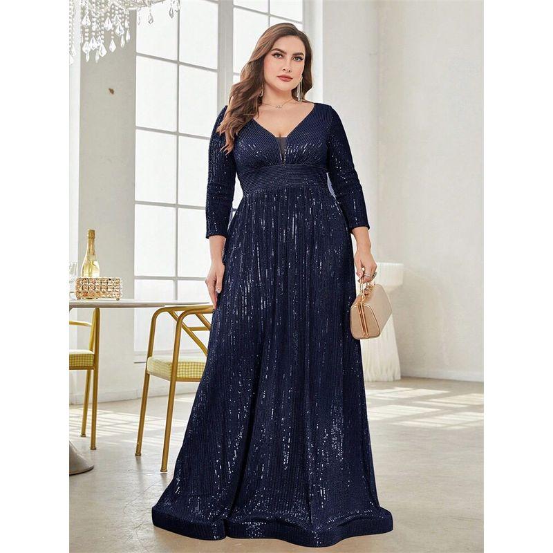 New Plus-Size Evening Dress with Sequins and Long Sleeves, Birthday Gown, Banquet Party Dress