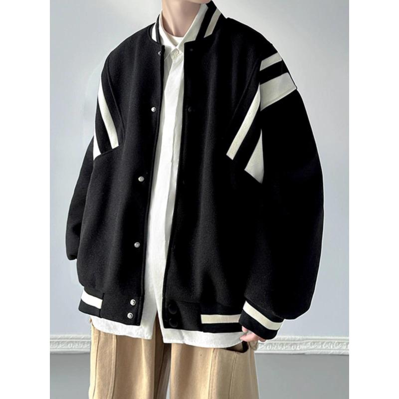 Men's Retro Striped Patchwork Bomber Jacket - Autumn American Streetwear