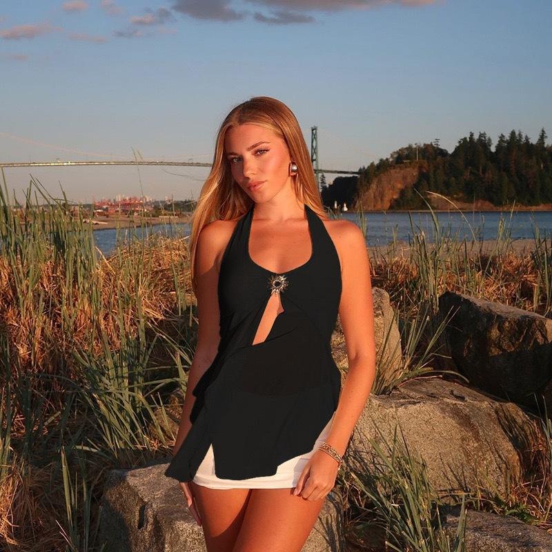 

Absorbent Halter Tie Back Pure Mesh Patchwork with Metal Accent Tank Top Halter Vest L чорний