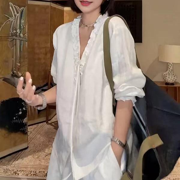 Elegant Plus Size V-Neck White Lace Shirt - Early Spring 2026 XL белый
