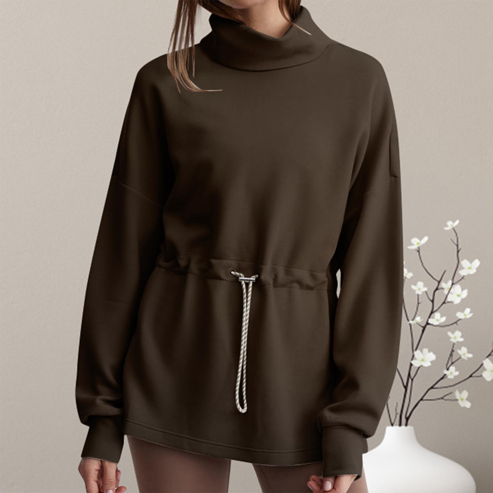 

Женская водолазка с завязками и длинными рукавами, плиссированная туника, эластичные модные топы, повседневная спортивная одежда для тренировок L кофейный