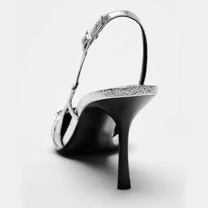 Fashion Elegant Metal Buckle Women Pumps Sexy Pointed Toe Slingbacks Thin High Heels Sandals High Quality Leather Luxury Designer Heels