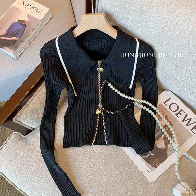 Double Zipper Long-sleeved Knitted Sweater Women's Early Autumn New Niche Slim-fit Versatile Temperament Top