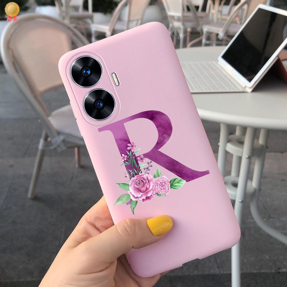 For Realme C55 C 55 6.72'' Case Delicate Cute Letters 3D Crown Flowers Matte Shockproof Soft TPU Silicone Phone Case Back Cover