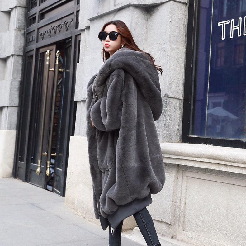 Loose Plush Jacket Women's Imitation Fur Coat Thickened Hooded Long Cotton Autumn and Winter Large Size Black