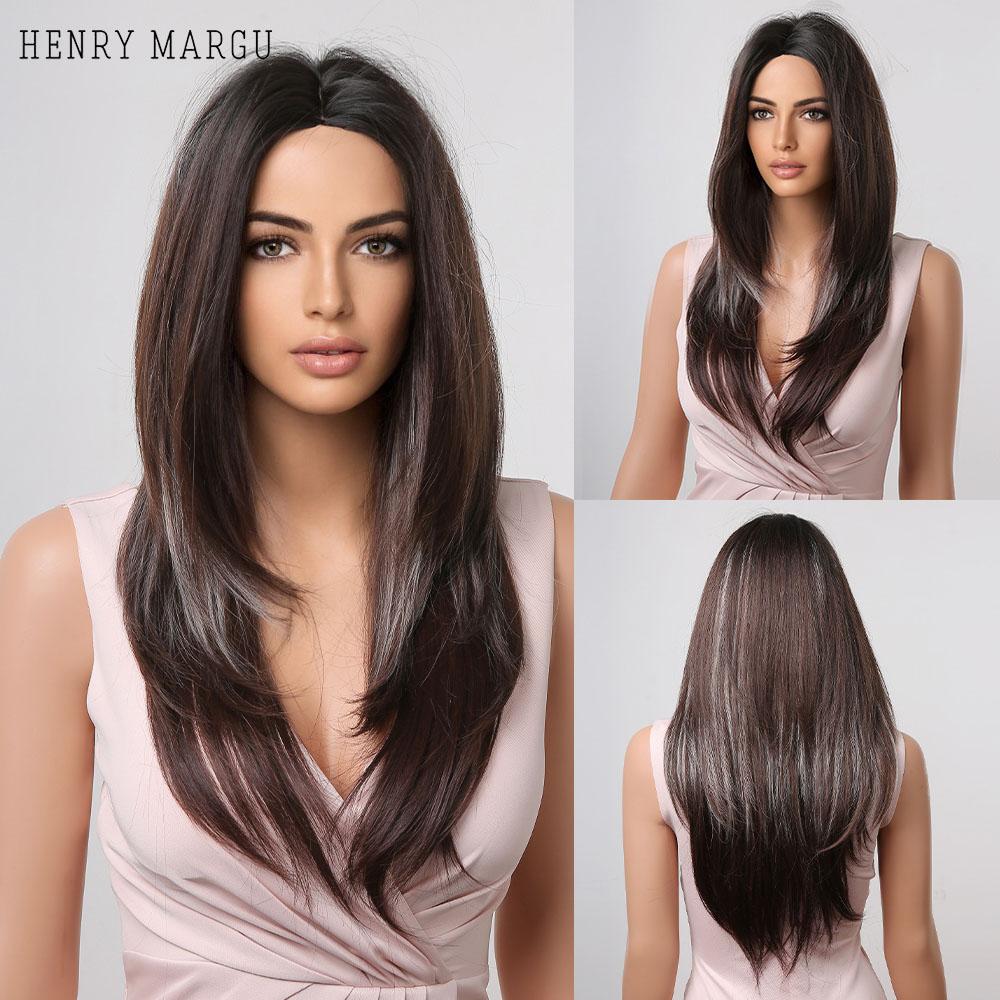 HENRY MARGU Ombre Dark Black Brown Synthetic Wigs with Bangs Layered Hair Wig for Black Women Party Cospaly Heat Resistant