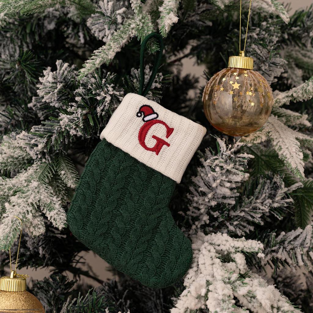 Haobei Green Knitted Christmas Stocking with Embroidered Lettering – Woolen Gift Bag Décor