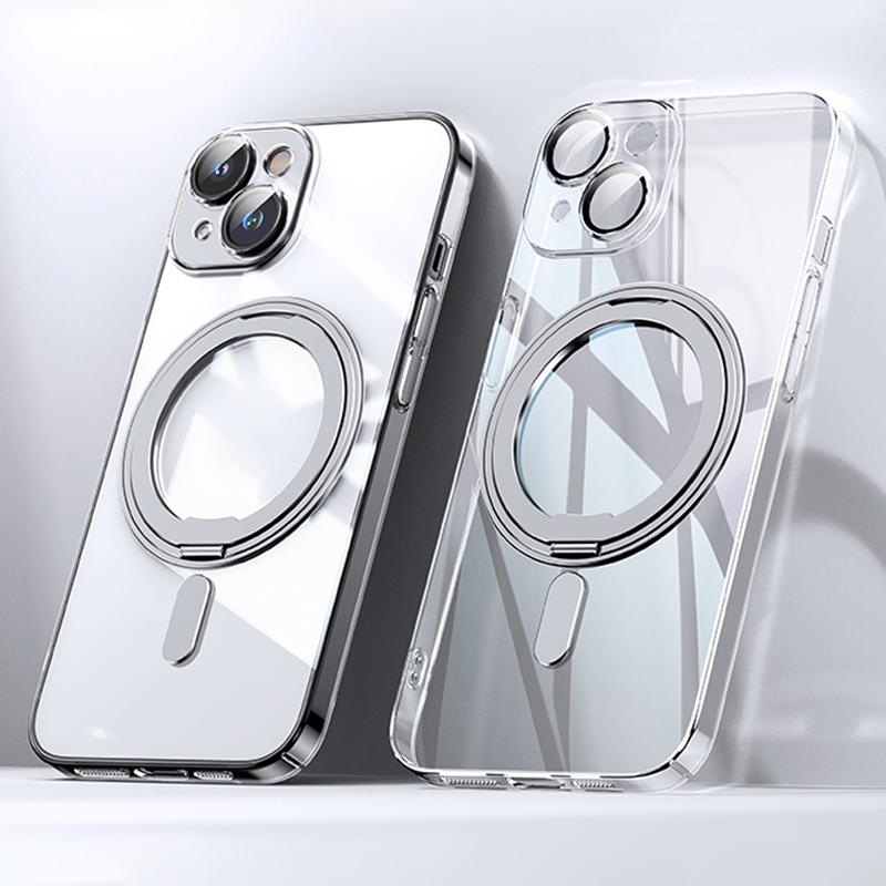 

For iPhone 13 Magnetic Case Kickstand PC+TPU Phone Cover with Lens Film Transparent
