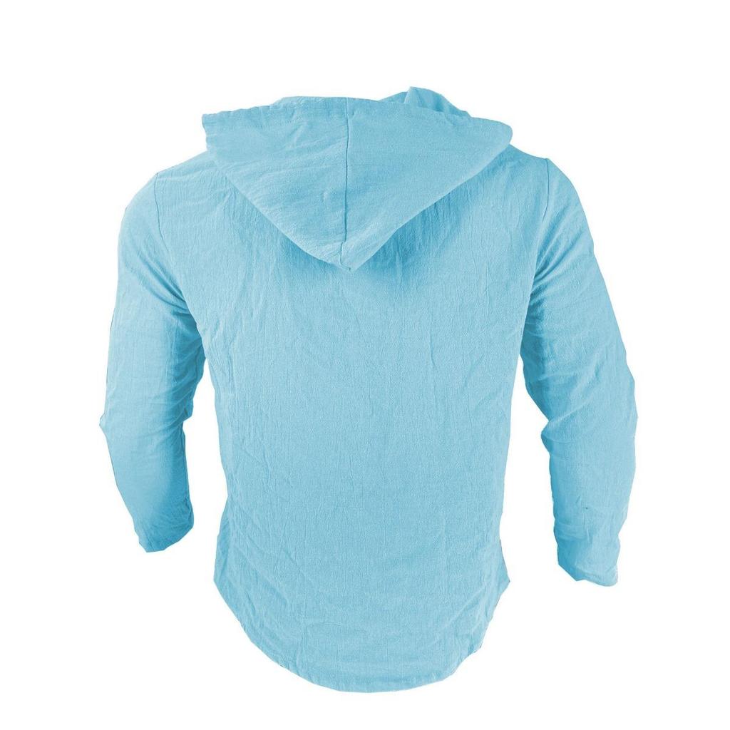 Spring and Summer Men's Hooded T-shirt Solid Color Cotton Linen Men's Casual Long Sleeved Top