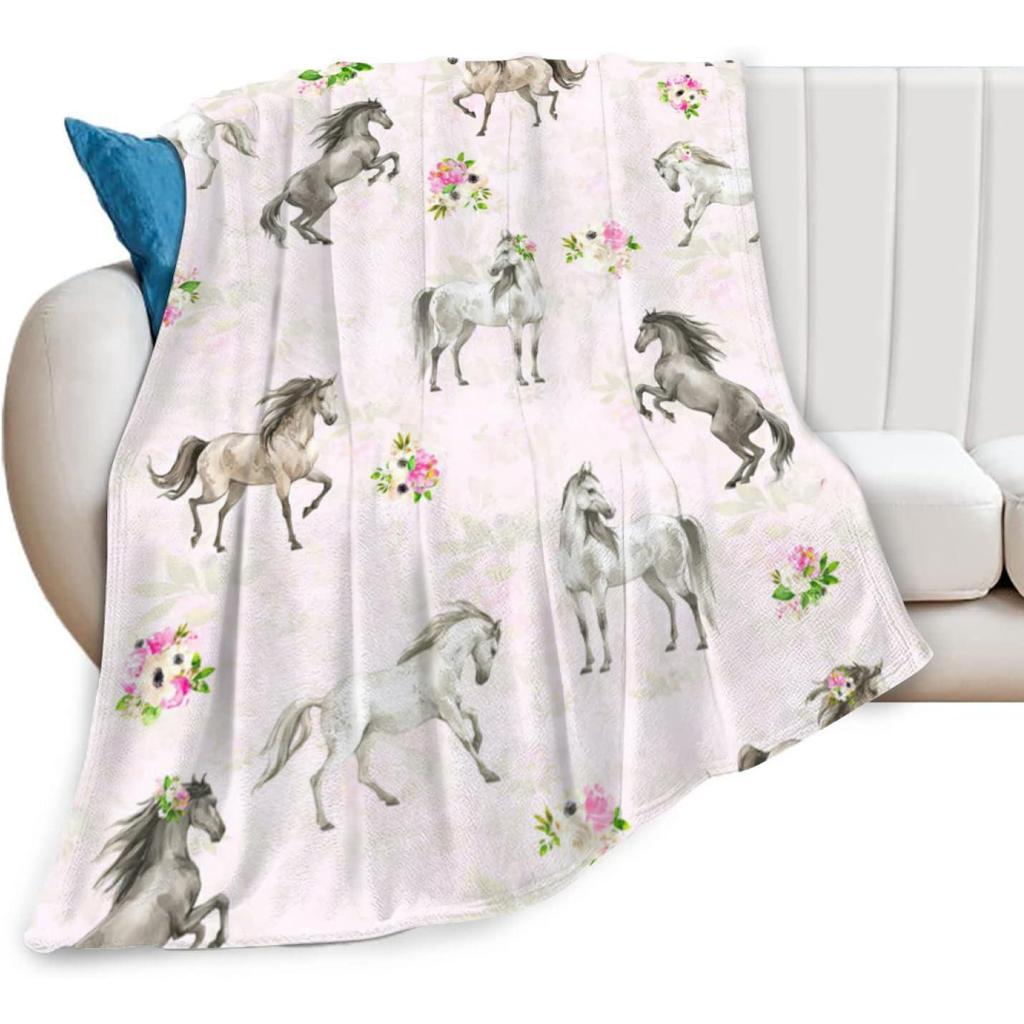 Couvertures de Cheval Cadeaux pour Filles Femmes Chevaux Western Fleurs Animal Polaire Flanelle Couvertures Jetées Doux Léger Cheval Peluche Stu
