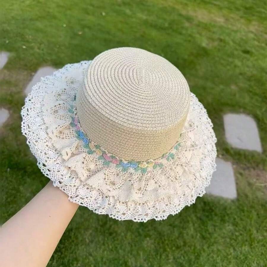Womens Pearl Lace Straw Sun Hat With Wide Brim For Beach And Outdoor Summer Use