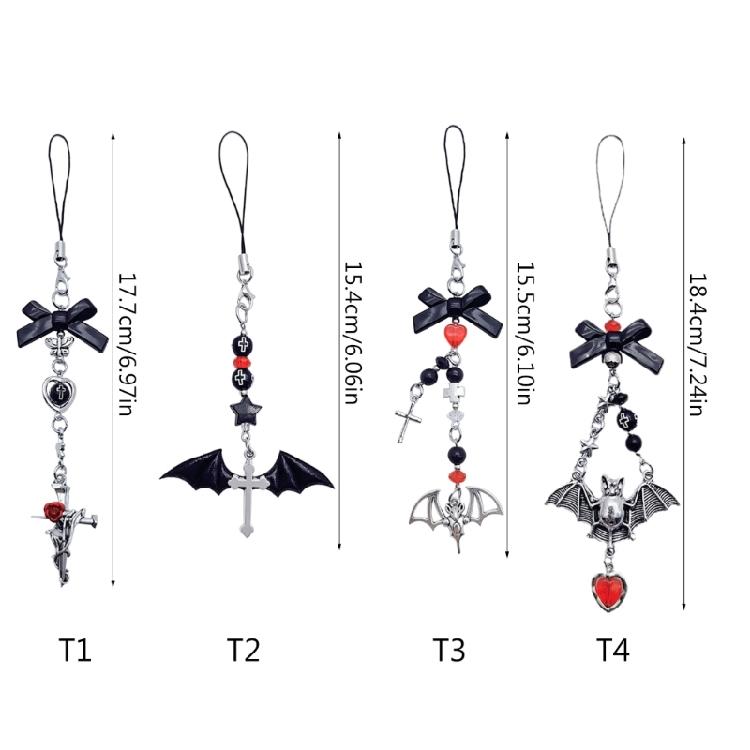 Mobile Phone Charm Gothic Cross Bat Rose Pendant Keychain Strap Lanyard for Bag