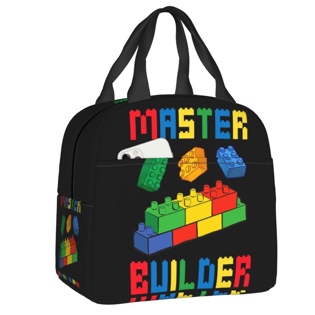 Custom Brick Builder Blocks Master Builder Insulated Lunch Tote Bag for Women Resuable Cooler Thermal Food Lunch Box Children