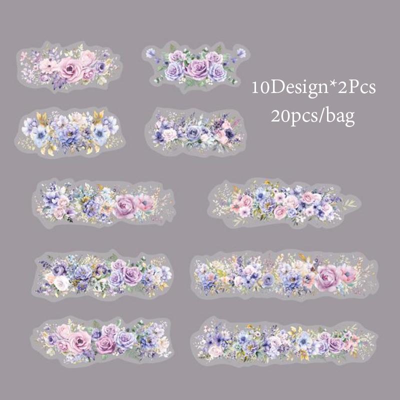 20pcs/pack PET Stickers Plant Landscaping Floral Theme DIY Handbook Material Decoration Flower Sea Series Gorgeous Handmade Decoration