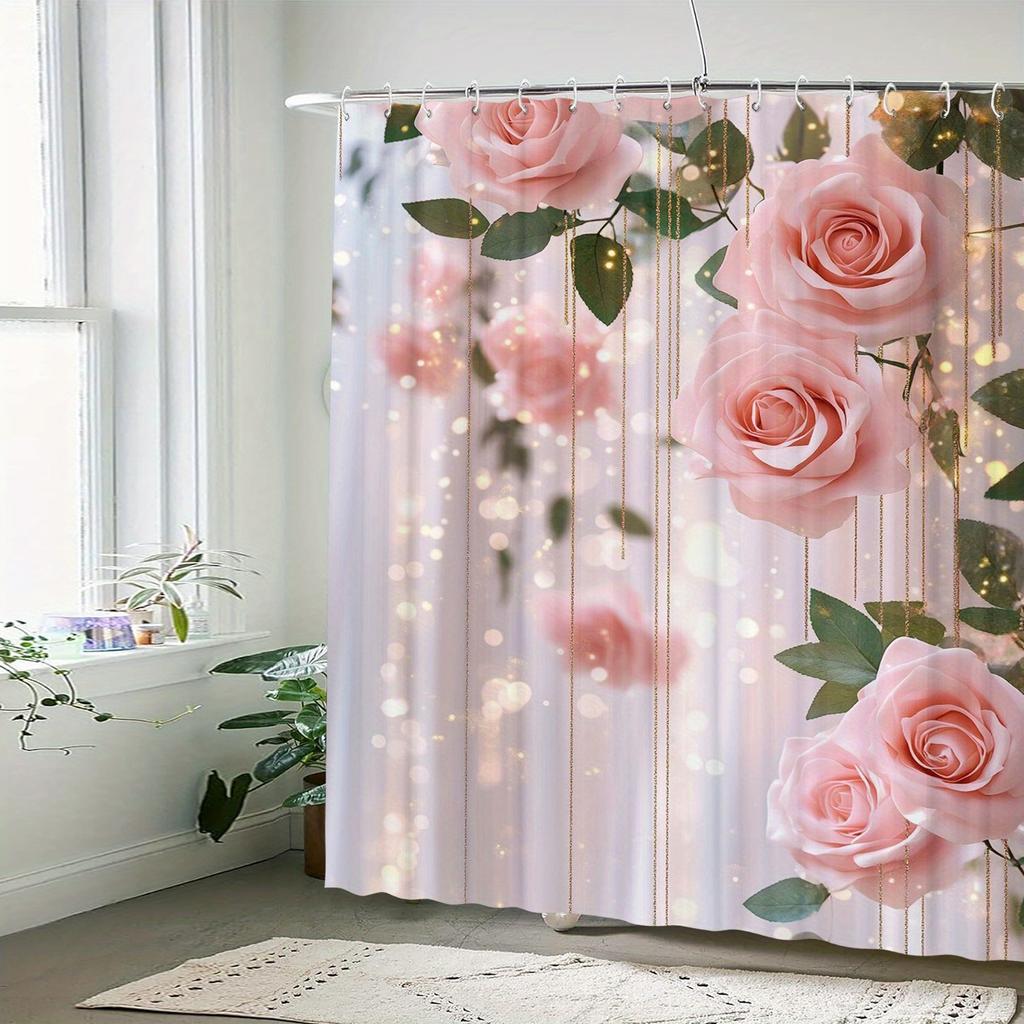 Water-Resistant Non-Woven Shower Curtain With Floral Rose Pattern, Artistic Design, Includes 12 Hooks For Home And Hotel, Machin