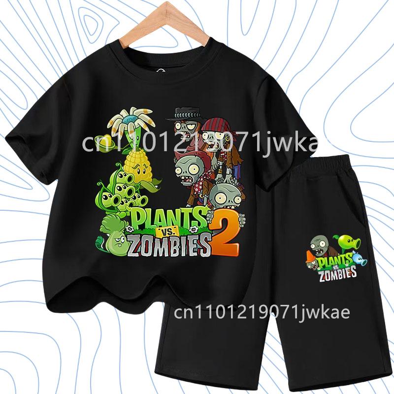 Kids Street Fashion Boys Girls T Shirt Set Plants Vs Zombies Cute Print 2026 Summer Casual Daily Wear 3-12 Age Shirt Suit
