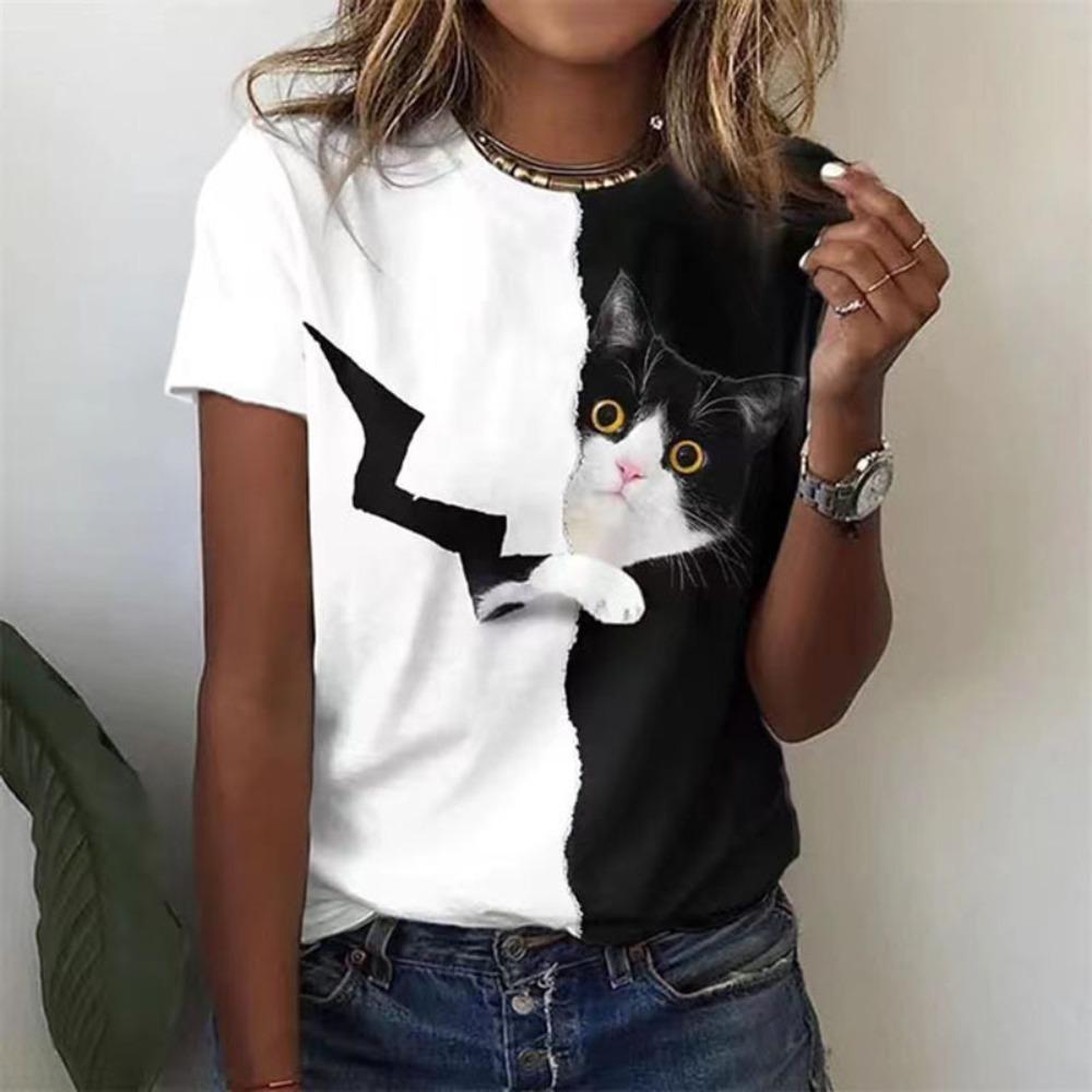 Cute Cat 3D Digital Printed Women's Fashionable Casual Round Neck Short Sleeved T-shirt