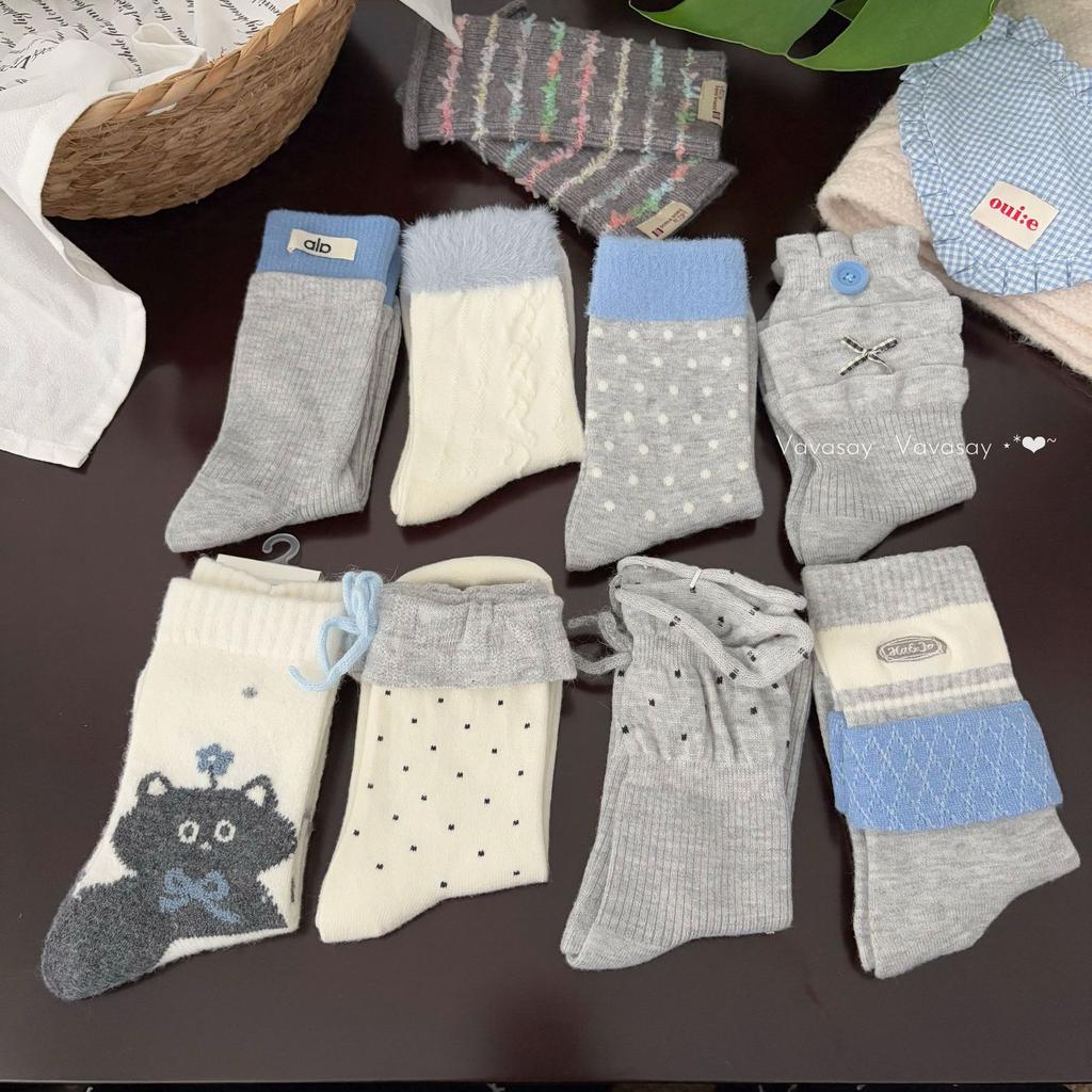 Ladies Autumn Winter Thick Warm Bow-dotted Wool Mid Tube Socks