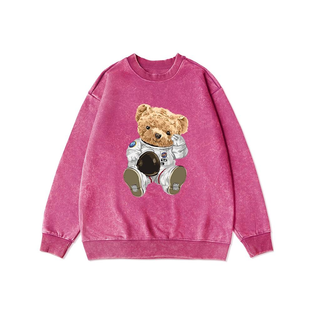 The Great Teddy Bear Astronaut Printing Female Washed Distressed Thin style Hoodie Simple Casual Sportswears