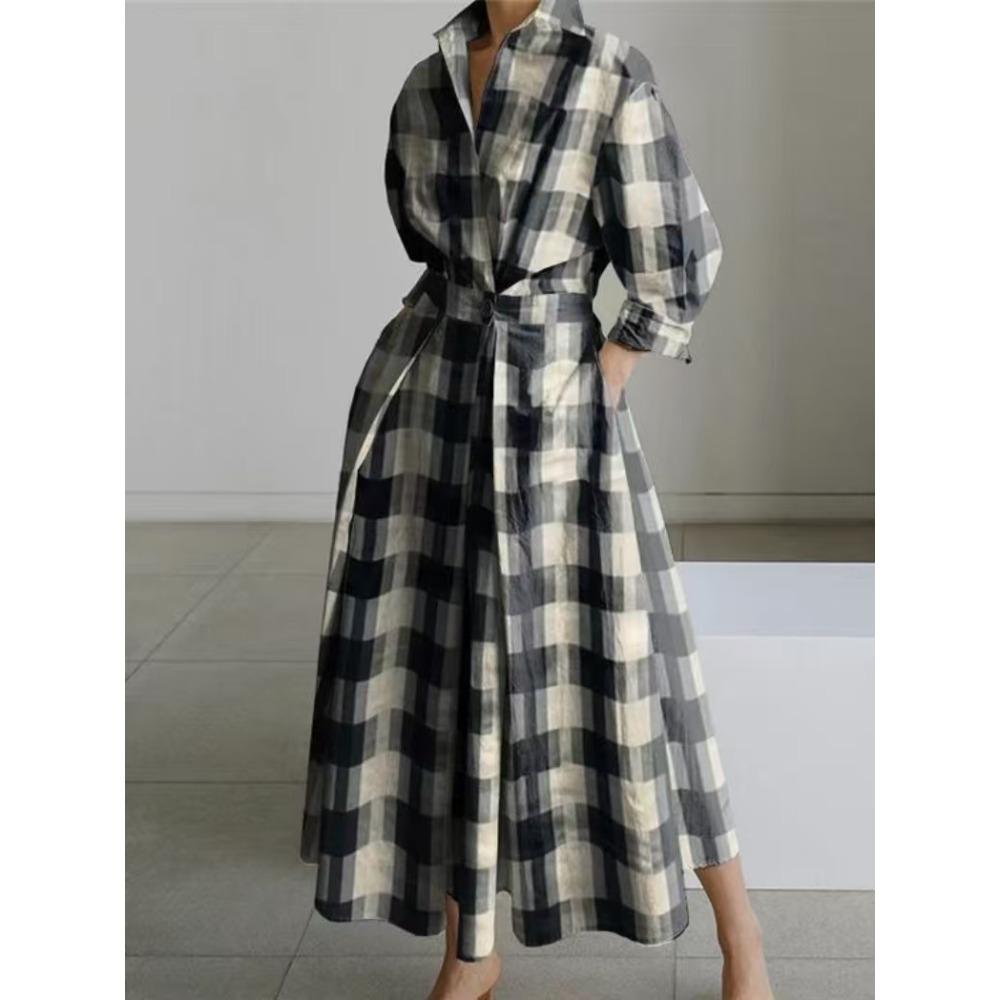 Women's Fashion Summer Spring Polka Dot Print Long Sleeve POLO Neck High Waist Casual Dresses