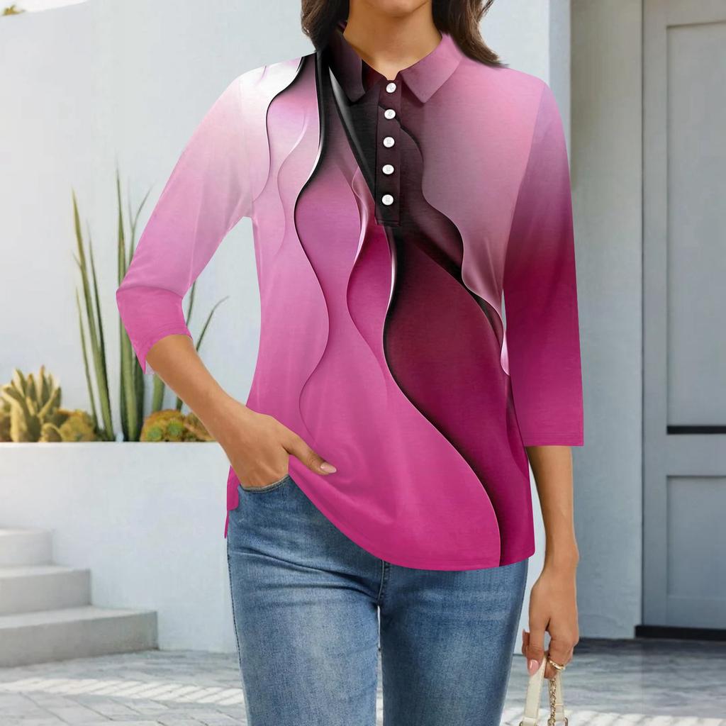 Dámská móda Ležérní klopa Krátký 3/4 rukáv Potisk Košile Dámské zapínací topy