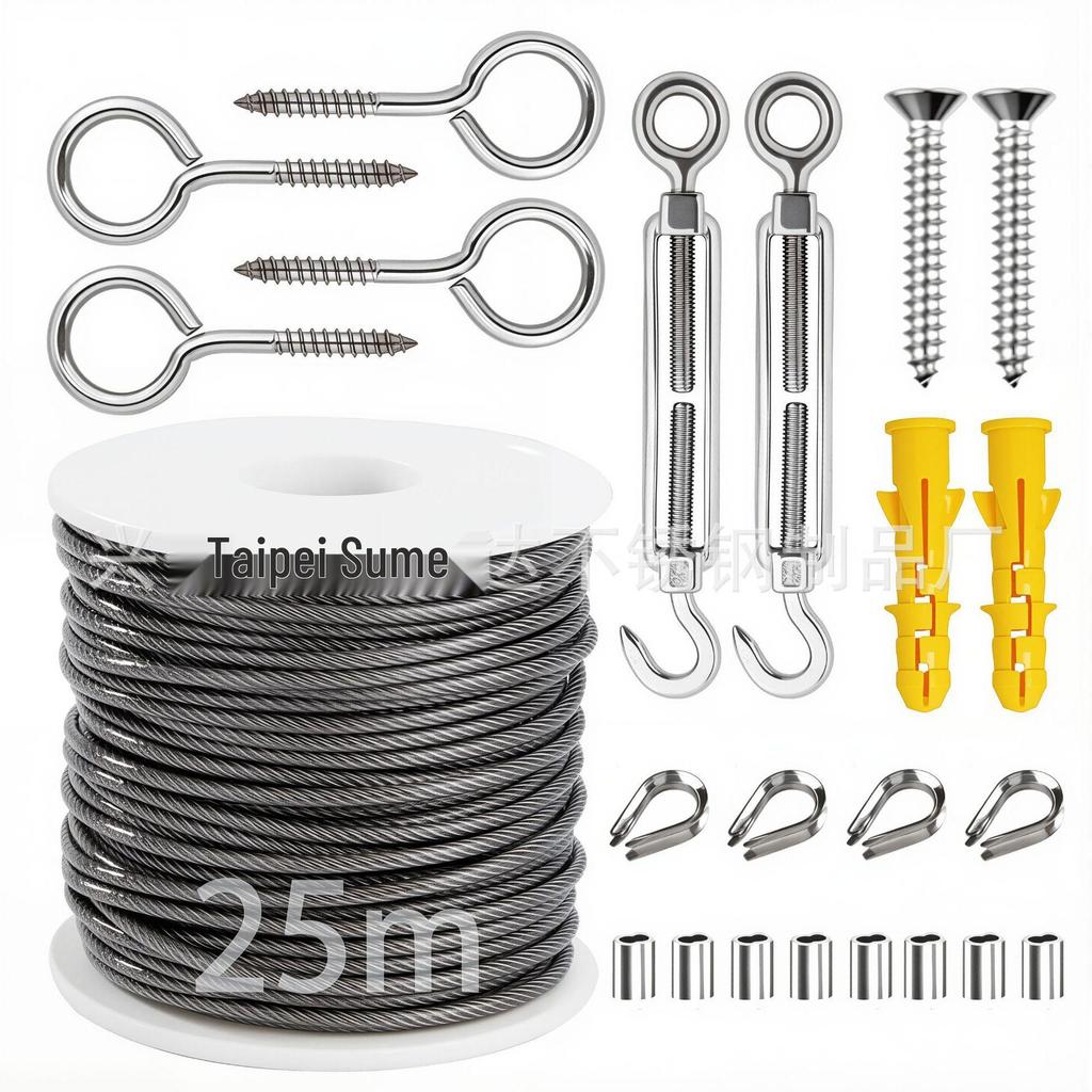 Beschriftbares 15m/50m Stahlseil mit Kunststoffummantelung Gartenseil Seilspanner-Kit - Tragfähiges Aufhängungsdrahtseil