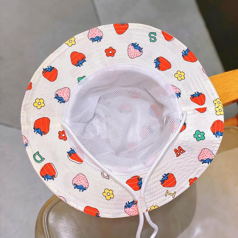 6-8Y Kids Summer Mesh Breathable Fisherman Hat Sweet Floral Strawberry Print Children Girls Sunshade Panama Cap Wide Brim Sunscreen Bucket Hats