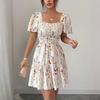 Summer New Elegant Ditsy Floral Mini Dress Square Neck Puff Short Sleeve Smocked High Waist Ruffle Tiered A-Line Casual Party Date Vacation Sundress