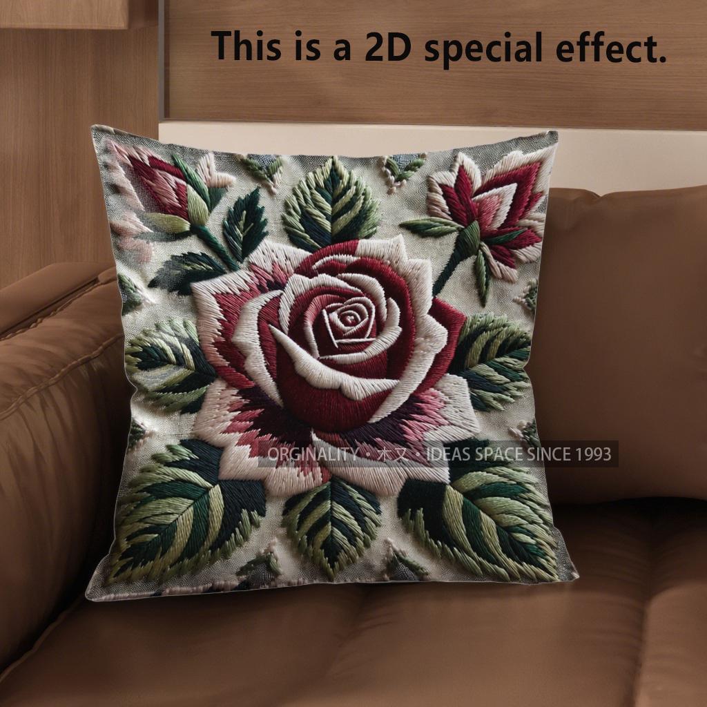 2D Vintage Embroidered Rose Throw Pillow Covers** Pattern Cushion Cover Suitable For Sofa Bedroom Car Pillow Cover