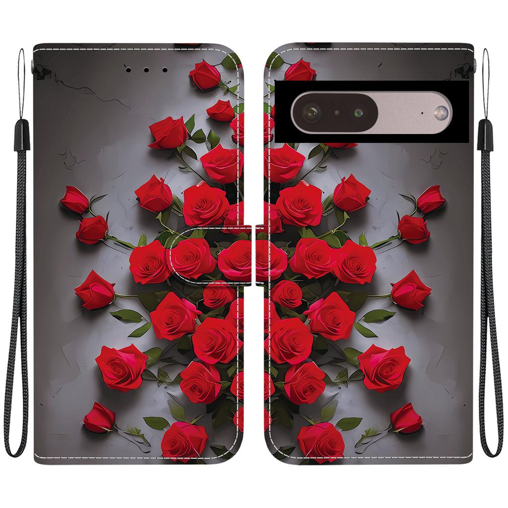 Handmade PU Leather Flip Case for Google Pixel 7 Pro Anti-Slip Shockproof Cover with Wrist Strap & Heart/Rose Cat Designs