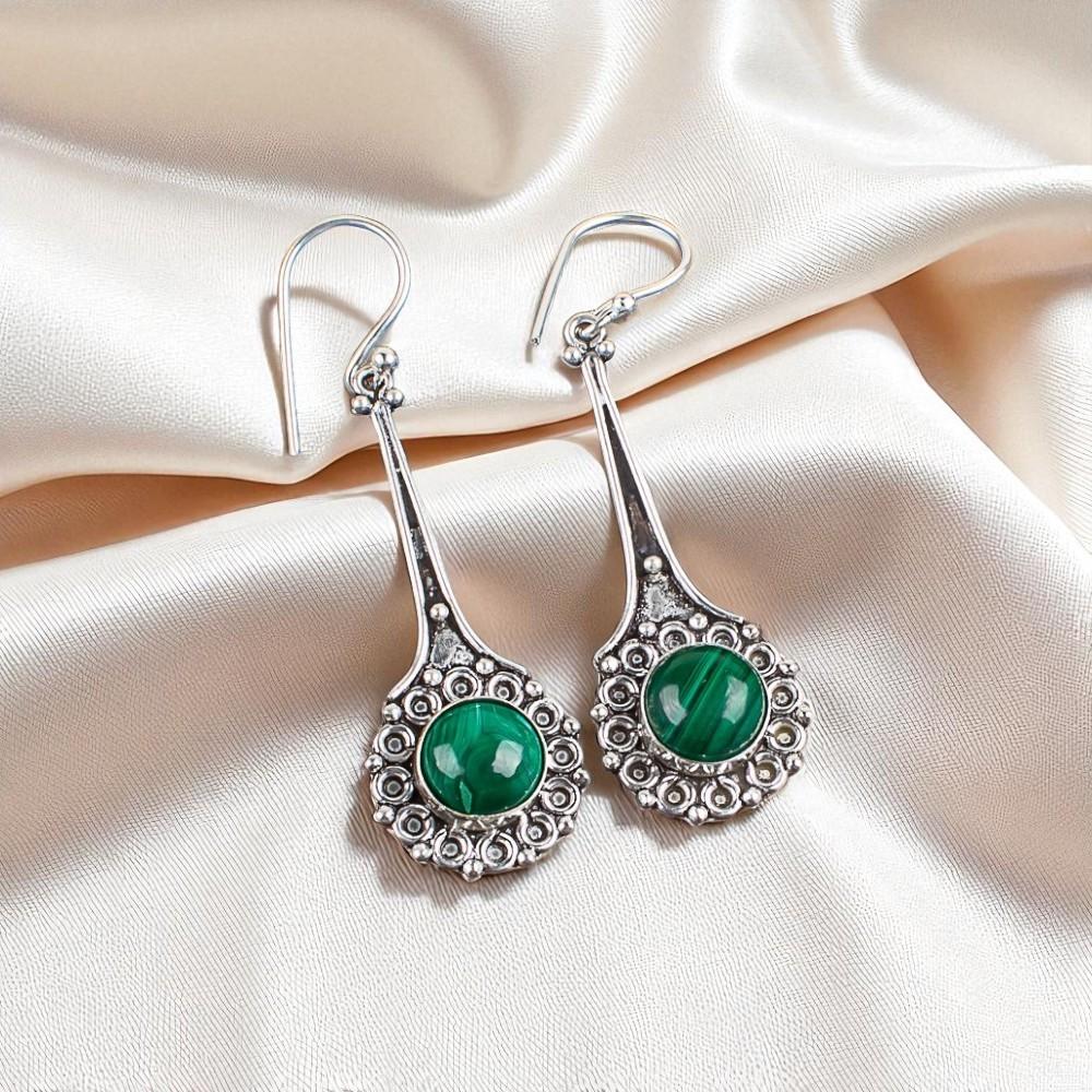 Natural Malachite Gemstone 925 Sterling Silver Jewelry Handcrafted Earrings2.52" EE-77-25