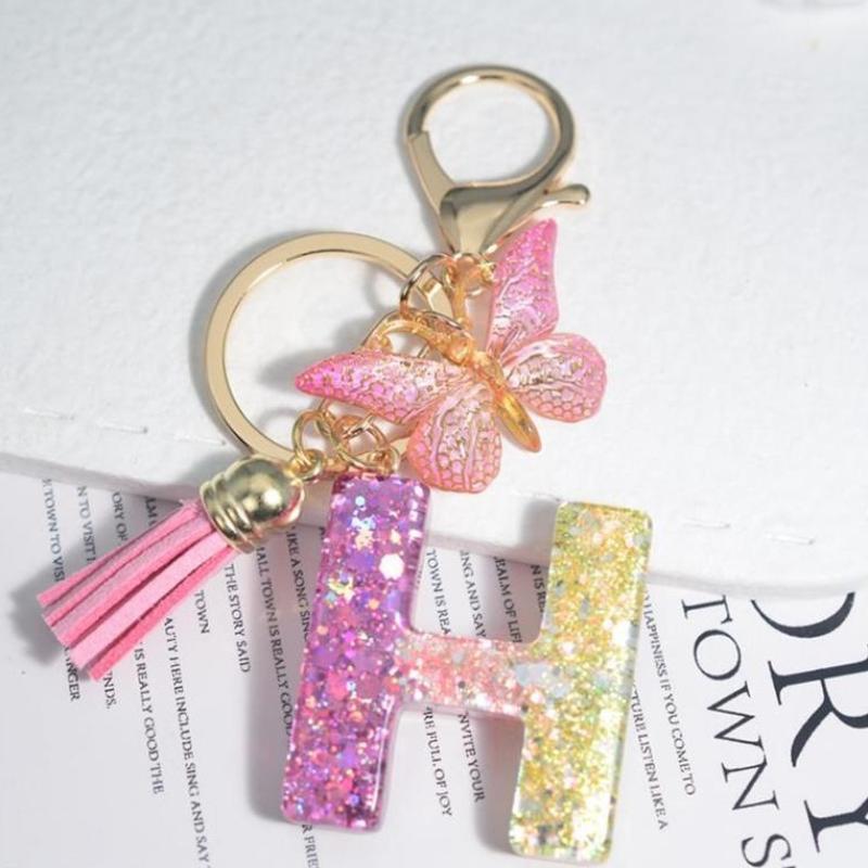 Fashion 26 English A-Z Initial Letter Resin Keychain Cute Butterfly Tassel Keyring Backpack Charm Pendent Accessories Gift